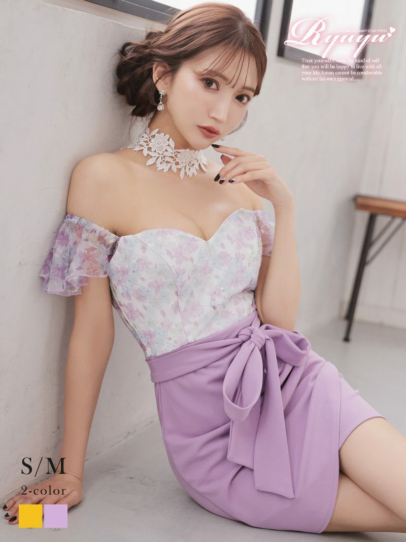 ふんわりフラワープリントのシフォン袖付き美キャバ嬢ミニドレス【Ryuyu】