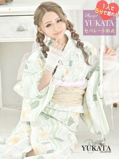 ※予約販売※ニュアンスペールグリーン牡丹柄二部式レディース浴衣 あいみん着用 セパレートギャル浴衣2点セット【Ryuyu】(フリーサイズ)(グリーン)