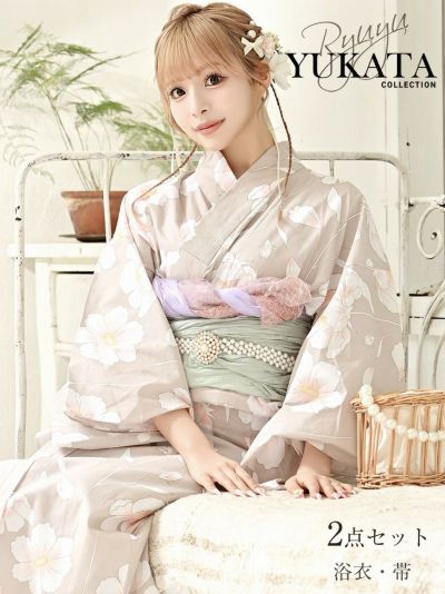 浴衣早割SALE￥10800→￥9720！ 浴衣 くすみベージュがかわいい椿柄レディース浴衣 あいさ 着用 ギャルゆかた2点セット【Ryuyu】(フリーサイズ)(ベージュ)