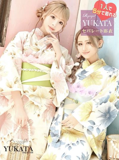 ※予約販売※白地に映える黄青の大柄セパレート浴衣 あいみん着用 レディース浴衣2点セット【Ryuyu】(フリーサイズ)(ブルー)