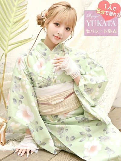 ※予約販売※華やかグリーンに牡丹がかわいいセパレート浴衣 あいさ 着用 ギャル浴衣2点セット【Ryuyu】(フリーサイズ)(ライトグリーン)