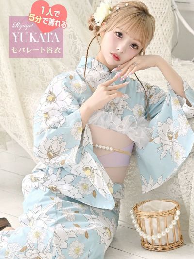 ※予約販売※ベビーブルーがかわいい椿柄セパレート浴衣 あいさ 着用 ギャル浴衣2点セット【Ryuyu】(フリーサイズ)(ライトブルー)