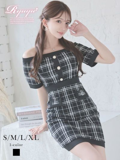 大人ドール風チェック柄オフショルタイトキャバ嬢ミニドレス【Ryuyu】(S/M/L/XL)(ブラック)