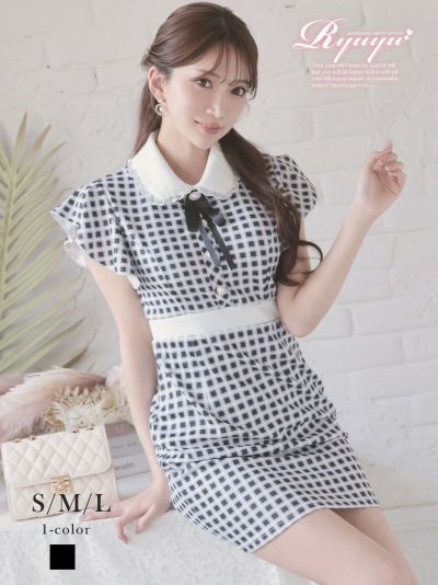 韓国風フリル袖チェック柄ガーリー可愛いキャバクラミニドレス【Ryuyu】(S/M/L)(ブラック)
