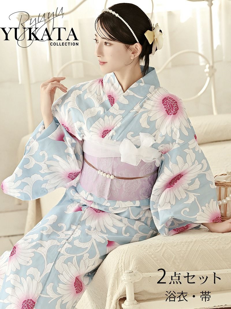 浴衣 スカイブルーに咲き誇るフラワー柄レディース浴衣 女性用2点セット浴衣【Ryuyu】