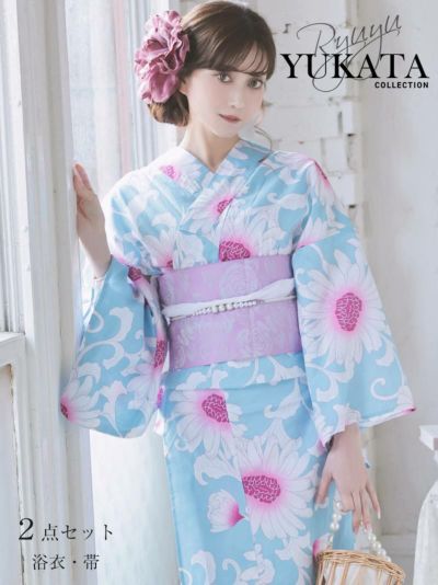 可愛い水色に白とピンクの花柄 2点セットレディース浴衣【Ryuyu】(フリーサイズ)(ライトブルー)