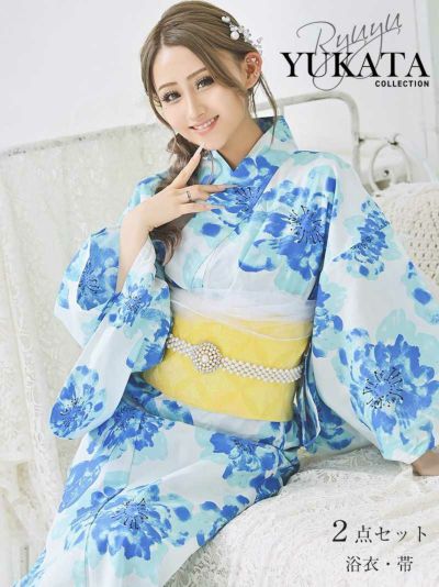浴衣 濃淡ブルー和華柄レディース浴衣 あいみん 着用 特価浴衣2点セット【Ryuyu】(フリーサイズ)(ホワイト)