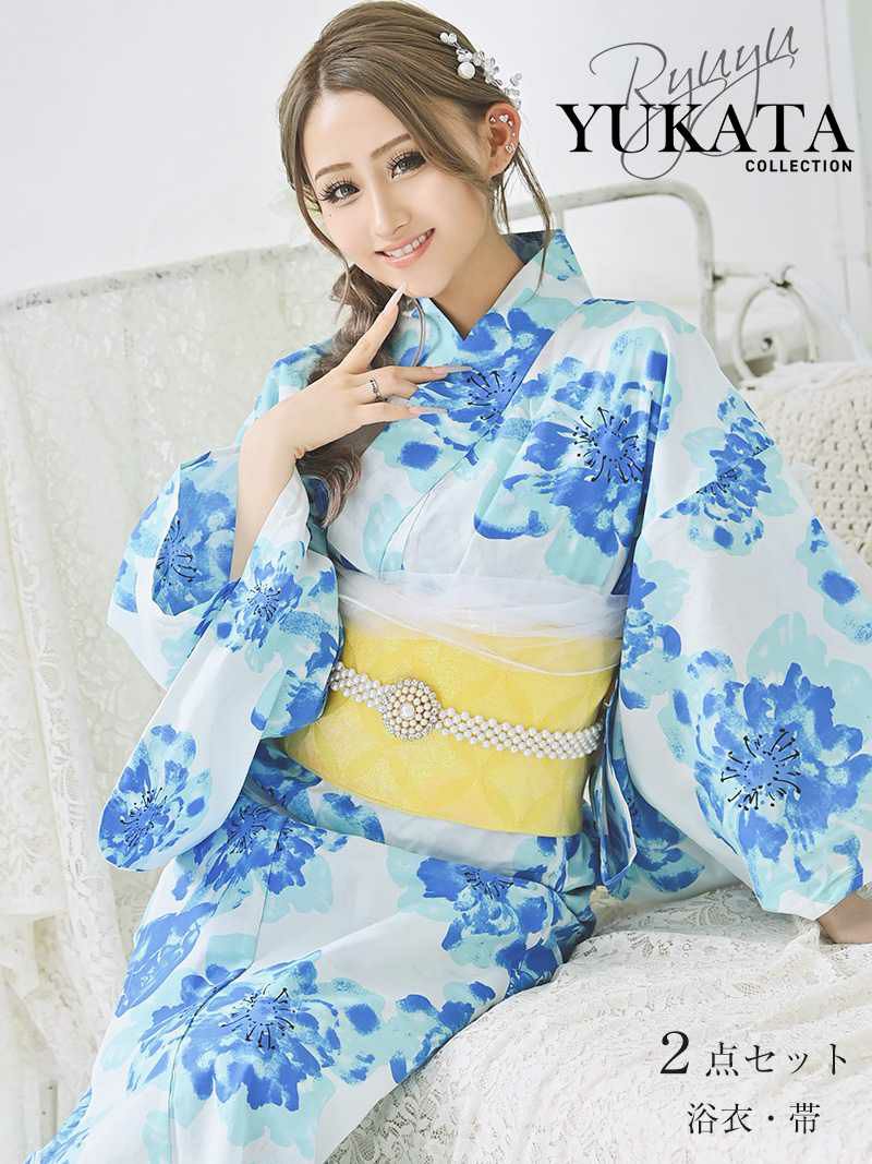 浴衣 濃淡ブルー和華柄レディース浴衣 あいみん 着用 特価浴衣2点セット【Ryuyu】