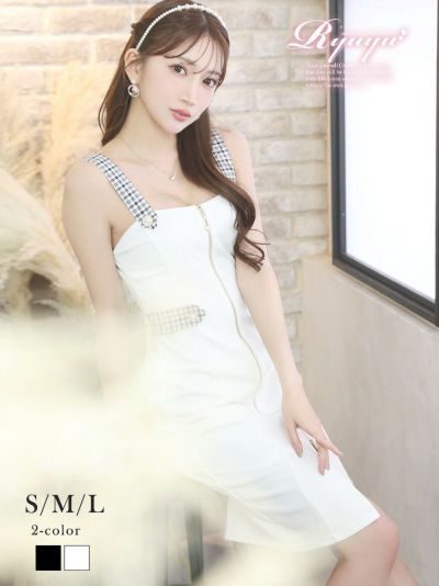 先行予約10%OFF￥7390→￥6651！ ※予約販売※チェックパイピング膝丈ドーリージップキャバドレス【Ryuyu】(S/M/L)(ブラック/ホワイト)