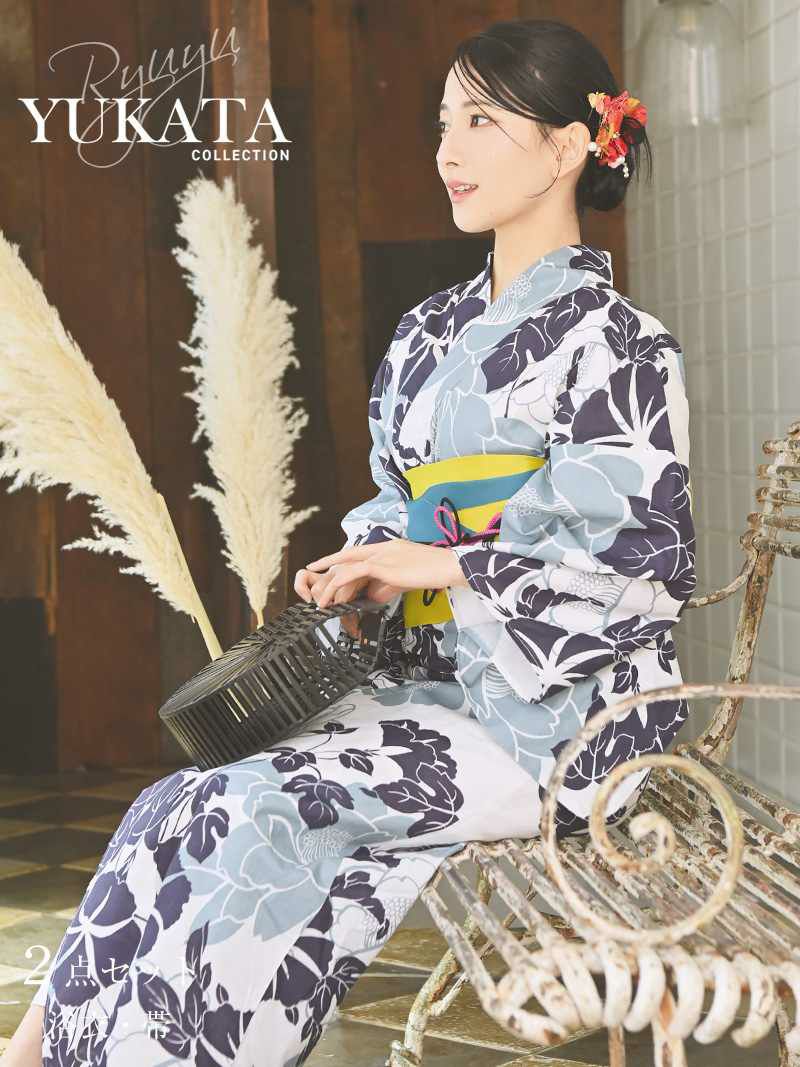 浴衣 涼やか白×濃淡ブルーフラワーレディース浴衣【Ryuyu】