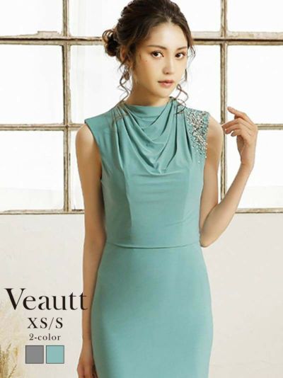 膝丈ハイネックキャバラウンジミニドレス【Veautt/ヴュート】(XS/S)(グリーン/グレー)