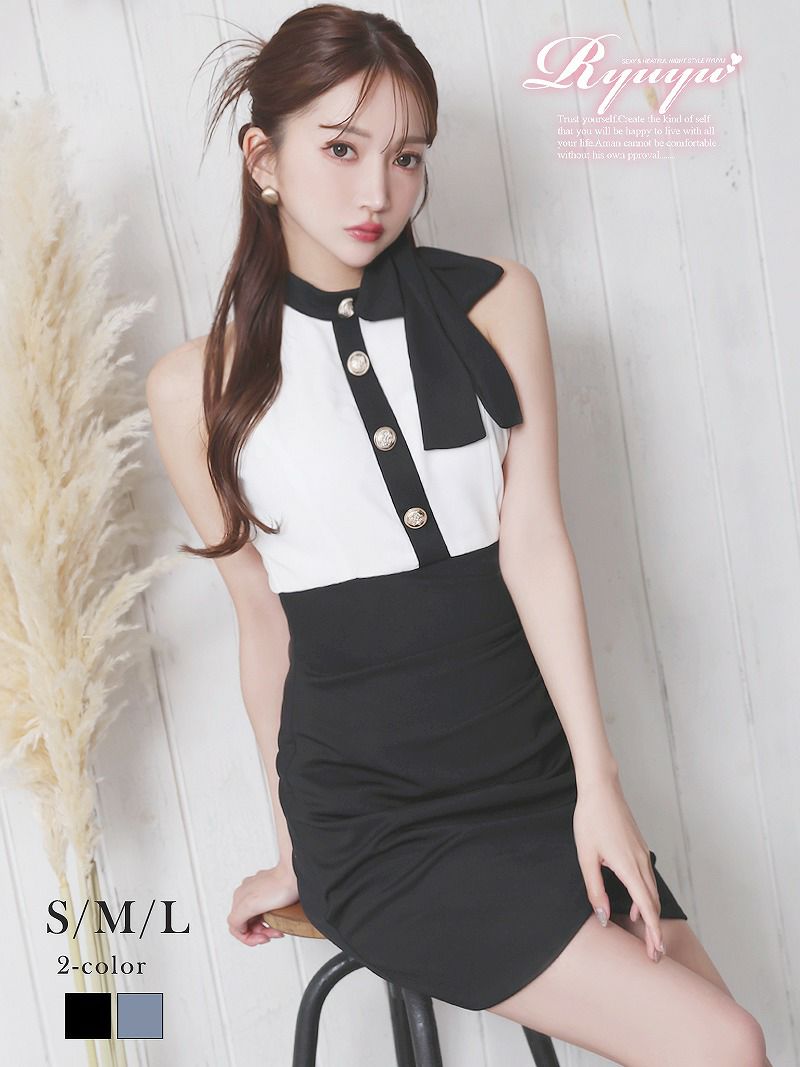 モノトーンリボンデザインタイトミニキャバドレス【Ryuyu】