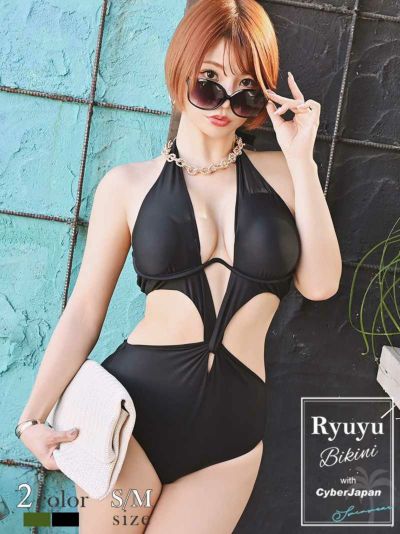 水着 谷間魅せホルターネック2wayレディース水着　かずへー ENA着用【Ryuyu】(S/M)(ブラック/カーキ)