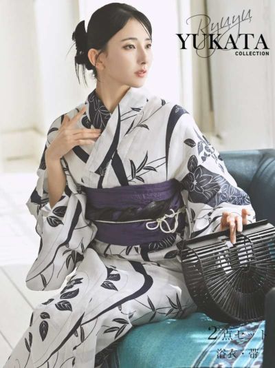 浴衣早割SALE￥13800→￥12420！ 浴衣 大正ロマン風リーフ柄セットレディース浴衣【Ryuyu】(フリーサイズ)(ホワイト)