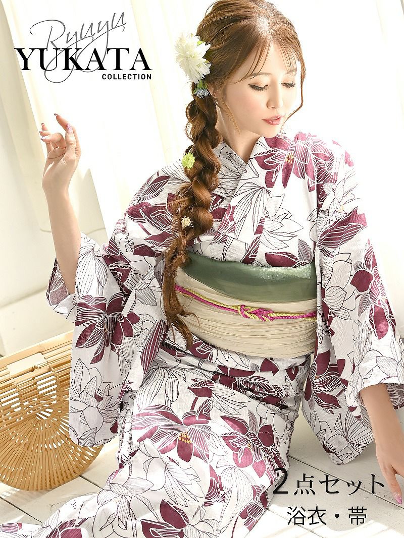 浴衣 赤椿フラワー柄 大人レディース浴衣2点セット【Ryuyu】
