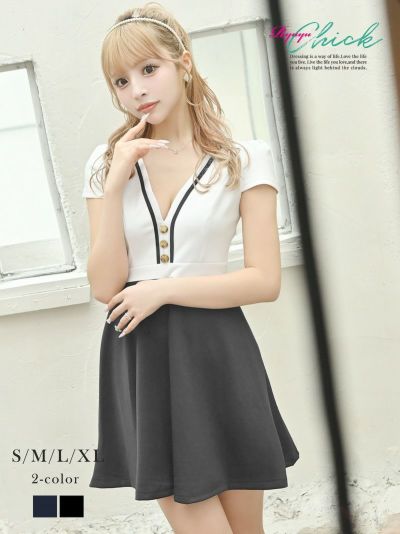 フェミニンフレアバイカラー袖付きキャバワンピース あいさ 着用 キャバドレス【RyuyuChick】(S/M/L/XL)(ブラック/ネイビー)
