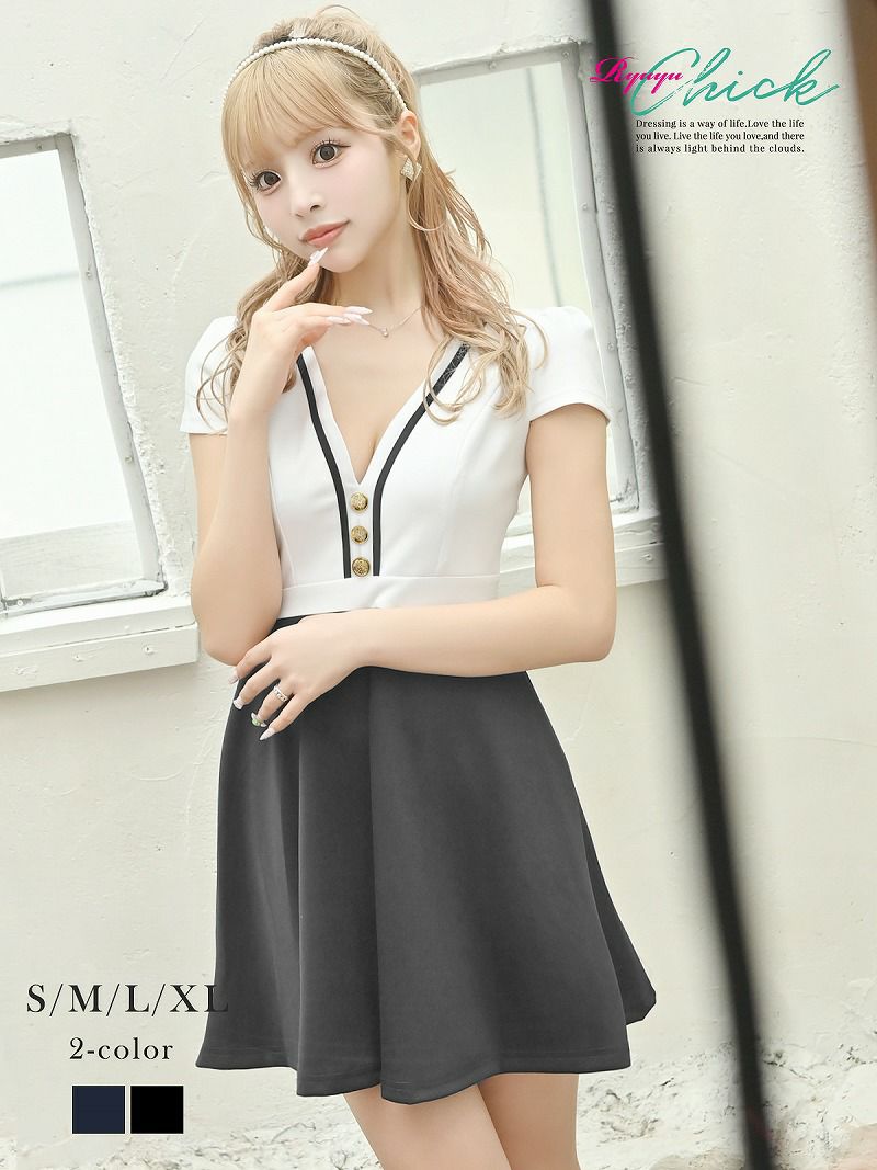 フェミニンフレアバイカラー袖付きキャバワンピース あいさ 着用 キャバドレス【RyuyuChick】
