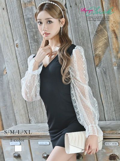 レース袖付きバイカラーミニキャバワンピース りおん 着用 ミニドレス【RyuyuChick】(S/M/L/XL)(ブラック)