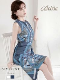 エレガントスカーフ柄カシュクールキャバワンピース 加賀美早紀 着用 ラウンジワンピース【Belsia】(S/M/L/XL)(ホワイト/ブルー)