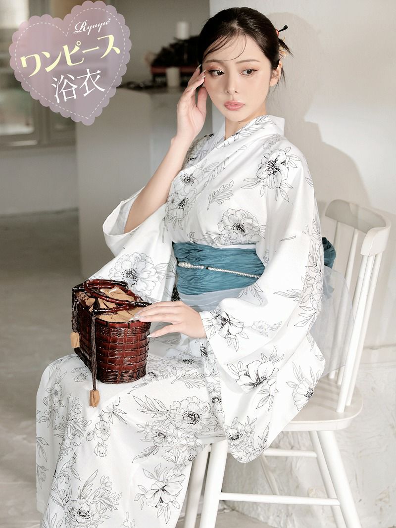 ※予約販売※浴衣 白地に古典フラワーデザインワンピース浴衣 KANO 着用 2WAYレディース浴衣【Ryuyu】