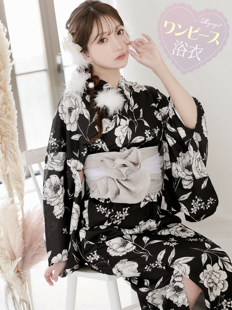 ※予約販売※ブラック牡丹和華柄2WAYワンピース浴衣【Ryuyu】