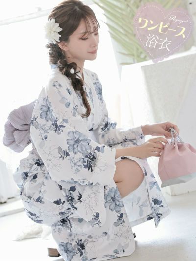 白×青フラワーモダンレディースワンピース浴衣【Ryuyu】(フリーサイズ)(ホワイト)