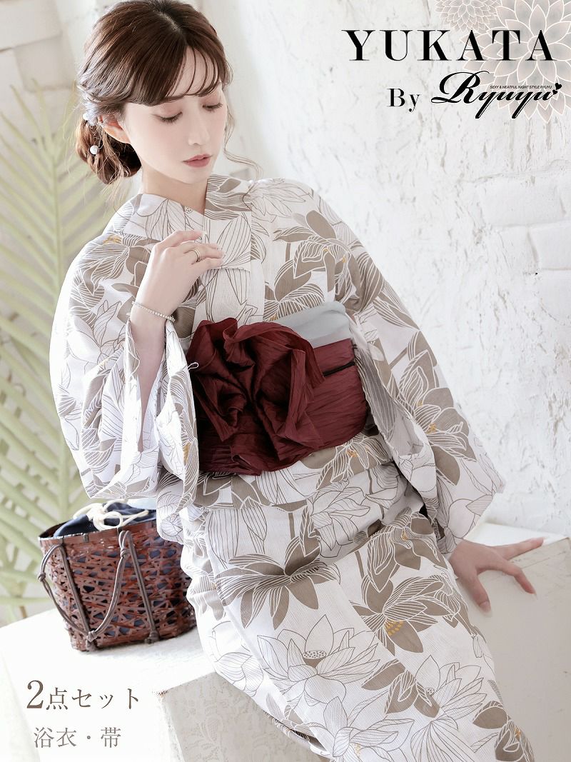 浴衣 白地に上品に描かれた和華柄レディース浴衣 加賀美早紀 着用 綿麻高級ゆかた【Ryuyu】
