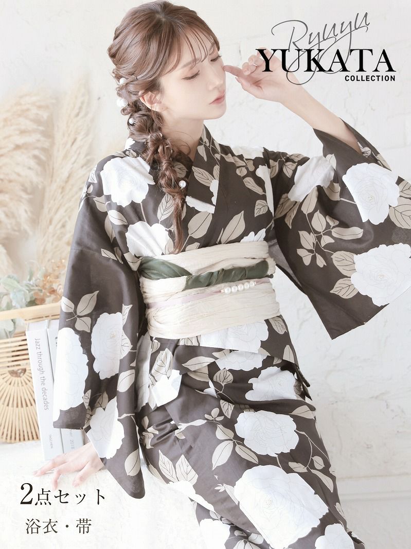 浴衣 夏緑に牡丹が映えるレトロモダンレディース浴衣2点セット【Ryuyu】