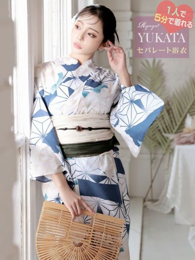 浴衣SALE￥12800→￥8960！ 浴衣 レトロモダンなブルーリーフに咲く牡丹レディースセパレート浴衣 KANO 着用 二部式浴衣【Ryuyu】(フリーサイズ)(ホワイト)