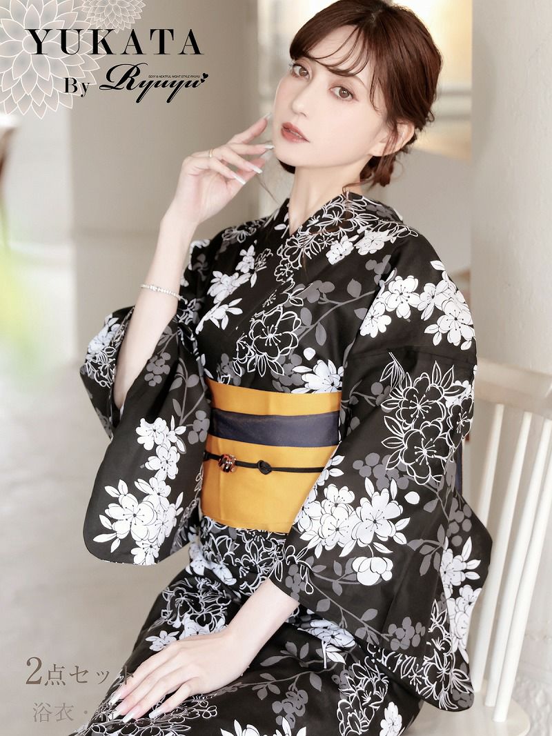 浴衣 黒地小花柄モノトーン大人レディース浴衣 加賀美早紀 着用 2点セット浴衣【Ryuyu】