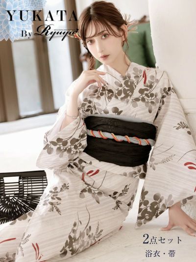 浴衣 グレー×ストライプ小花柄 大正ロマンレディース浴衣 加賀美早紀 着用 2点セット浴衣【Ryuyu】(フリーサイズ)(グレー)
