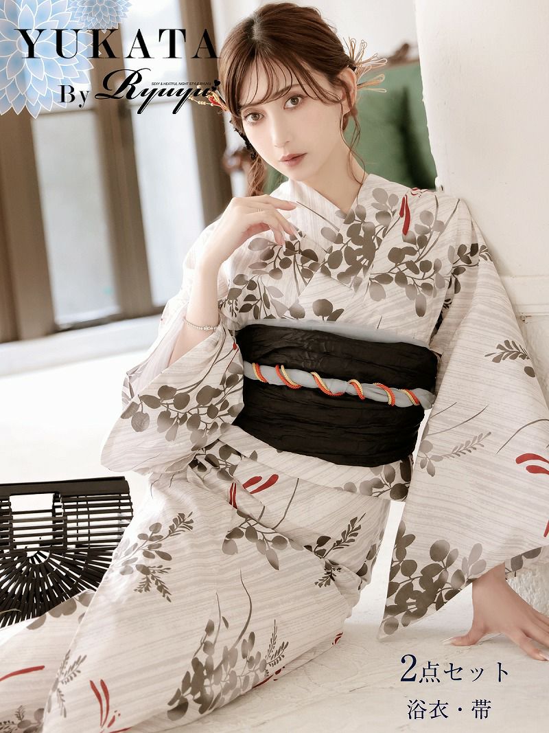 浴衣 グレー×ストライプ小花柄 大正ロマンレディース浴衣 加賀美早紀 着用 2点セット浴衣【Ryuyu】
