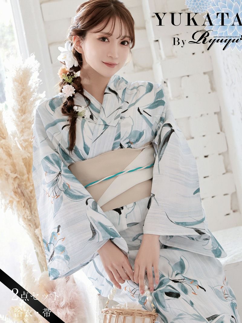 浴衣 青×白 百合の大判古典柄浴衣2点セット【Ryuyu】