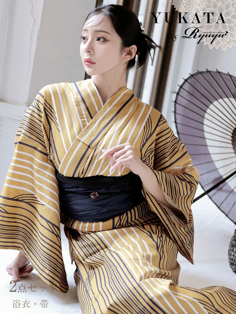 浴衣 イエローレトロモダン縦縞大人浴衣 KANO着用 レディース浴衣【Ryuyu】