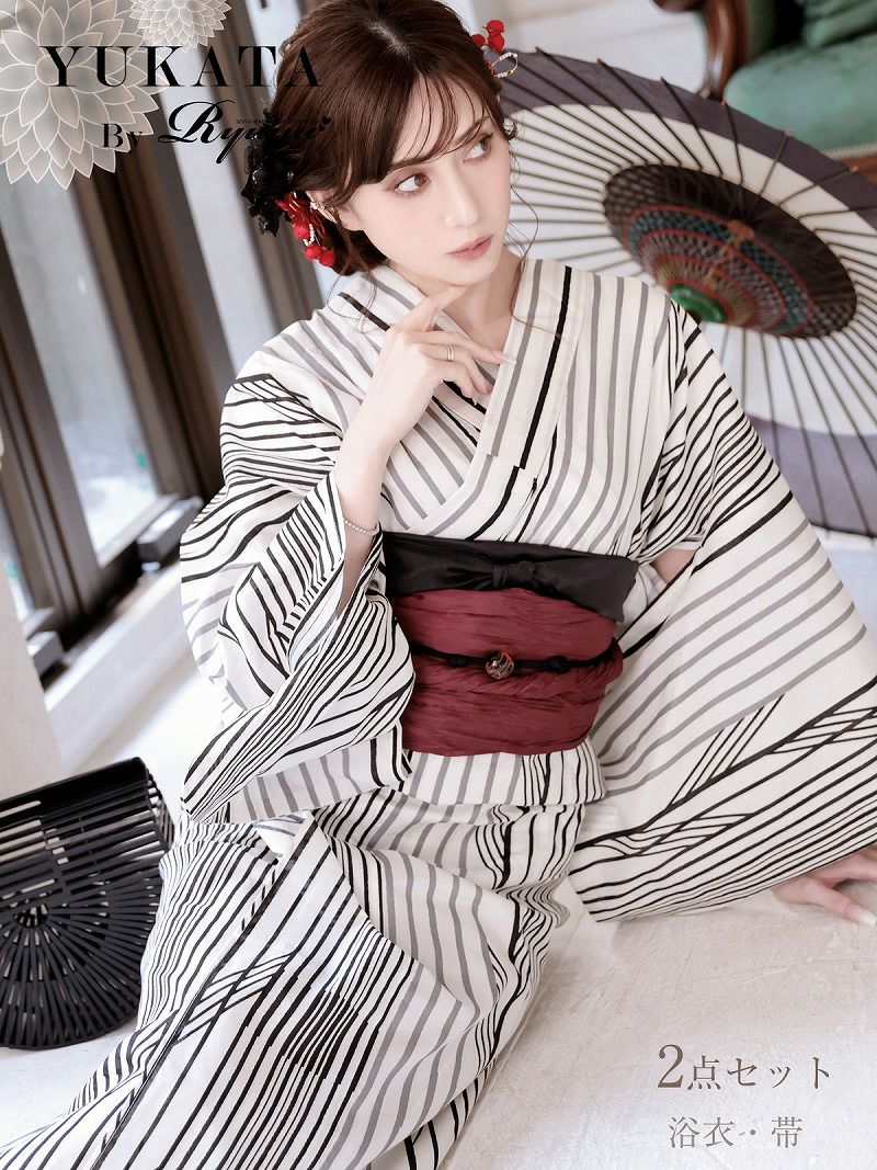 浴衣 大正ロマン縦縞モノトーンレディース浴衣 加賀美早紀 着用 2点セット浴衣【Ryuyu】