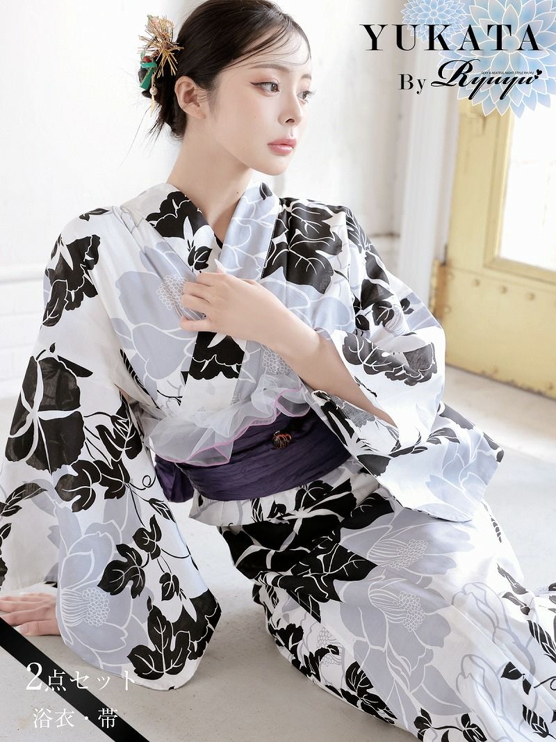 浴衣 黒モノトーン牡丹柄大人浴衣2点セット KANO着用 レディース浴衣【Ryuyu】