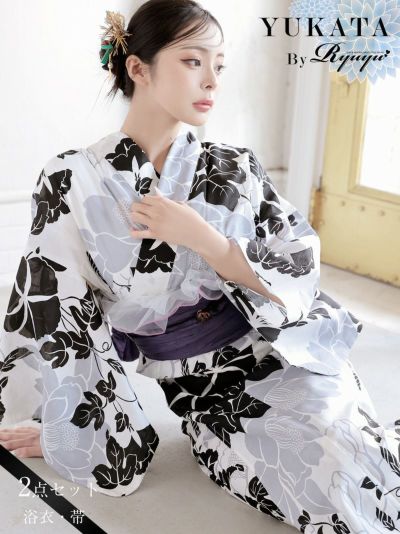 浴衣 黒モノトーン牡丹柄大人浴衣2点セット KANO着用 レディース浴衣【Ryuyu】(フリーサイズ)(ブラック)