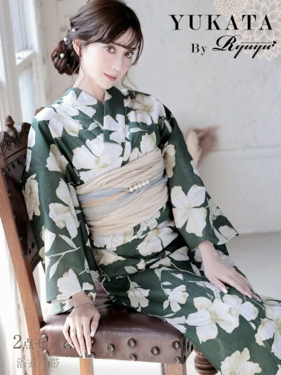 浴衣 グリーン牡丹ホワイト花柄大人浴衣 加賀美早紀 着用 レディース浴衣【Ryuyu】(フリーサイズ)(グリーン)