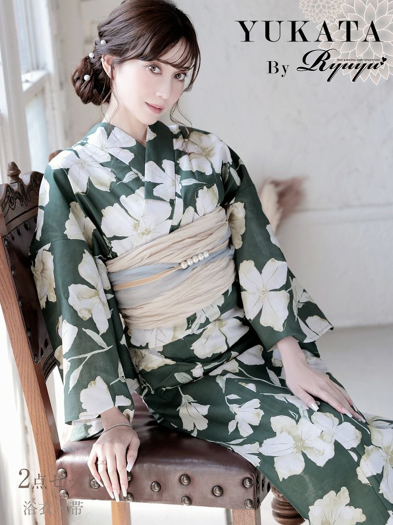 浴衣 グリーン牡丹ホワイト花柄大人浴衣 加賀美早紀 着用 レディース浴衣【Ryuyu】