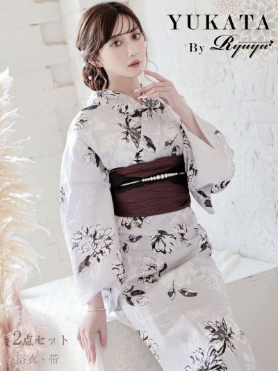 浴衣 大人ベージュ紫陽花柄古典柄レディース浴衣 加賀美早紀 着用 大人浴衣【Ryuyu】(フリーサイズ)(グレー)