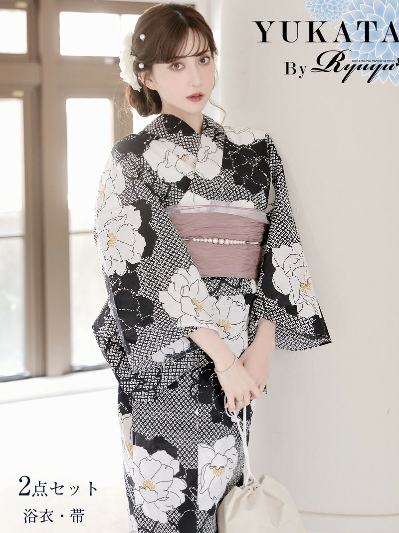 浴衣 ネイビー古典柄な牡丹モダンレディース浴衣 加賀美早紀 着用 大人浴衣【Ryuyu】