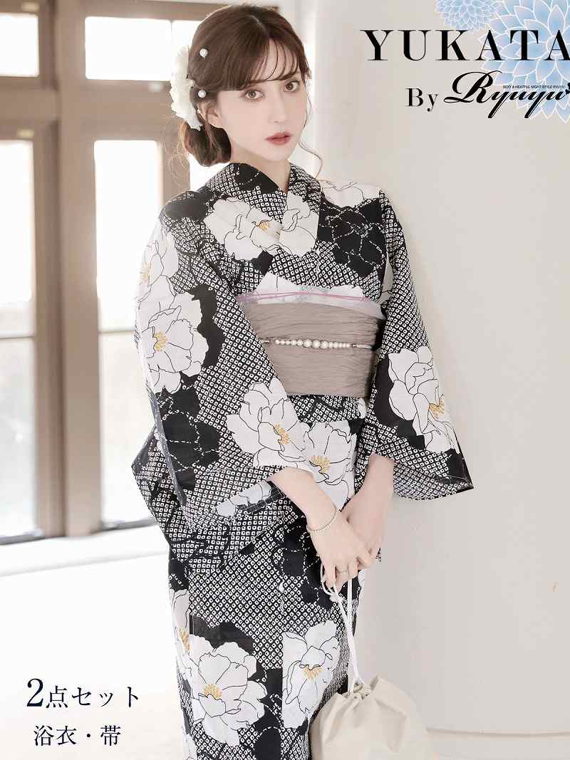 浴衣 ネイビー古典柄な牡丹モダンレディース浴衣 加賀美早紀 着用 大人浴衣【Ryuyu】