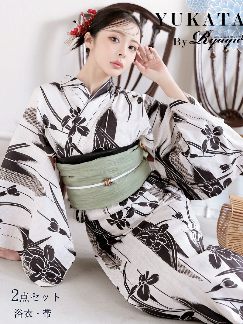 浴衣 白黒フラワーで色気纏う古典柄レディース浴衣 KANO 着用 大人浴衣【Ryuyu】