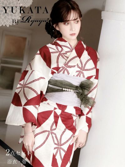 浴衣 ホワイト×赤リーフの古典柄レディース浴衣 加賀美早紀 着用 2点セット浴衣【Ryuyu】(フリーサイズ)(ホワイト)