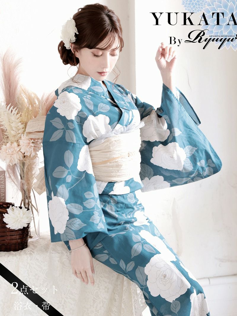 浴衣 青×ターコイズ 牡丹レトロモダンレディース浴衣 加賀美早紀 着用 2点セット浴衣【Ryuyu】