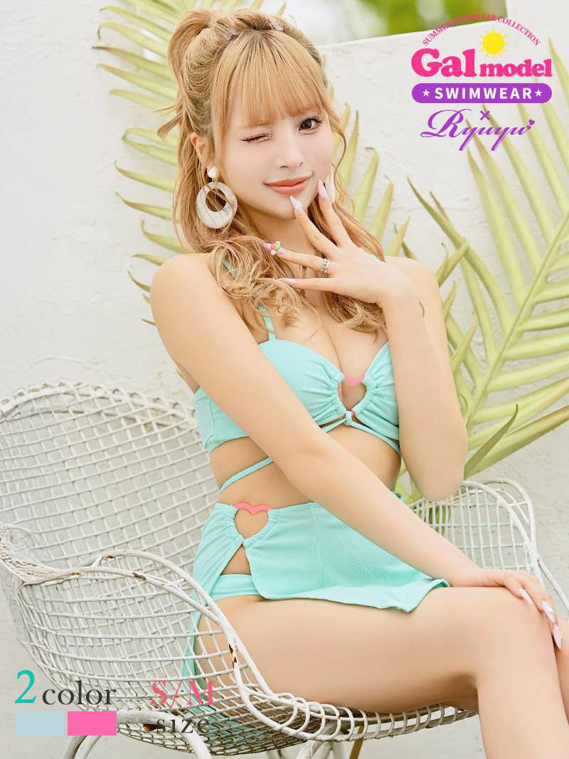 水着 平成ギャル風ハートリングポイント体型カバー3点セットビキニ あいさ あいみん 着用ギャル水着【Ryuyu】