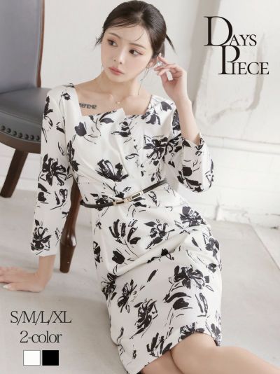 大人花柄モノトーンタイト長袖韓国ワンピース KANO 着用 キャバワンピース【DAYS PIECE】(S/M/L/XL(2L))(ホワイト/ブラック)