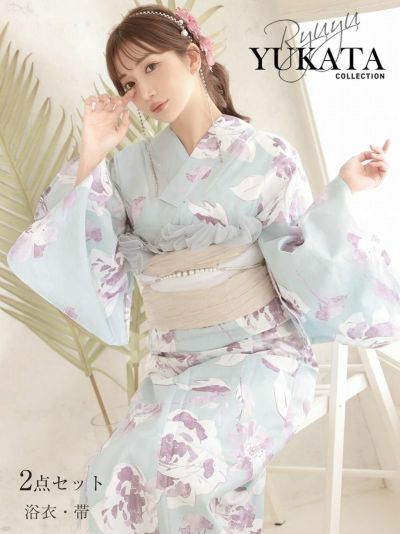 浴衣SALE￥12800→￥8960！ マリンブルーにパープルフラワーが華やかなレディース浴衣2点セット【Ryuyu】(フリーサイズ)(ミント)