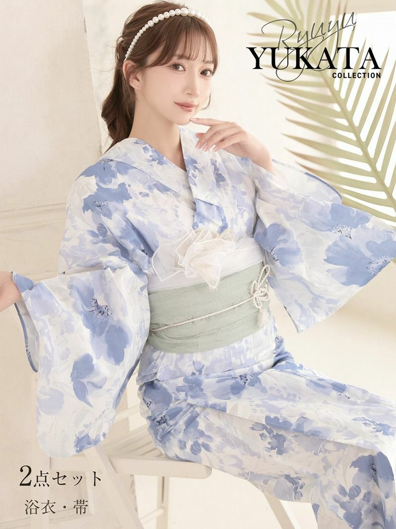 グラデーションブルーが美しい大人のフラワーレディース浴衣2点セット【Ryuyu】