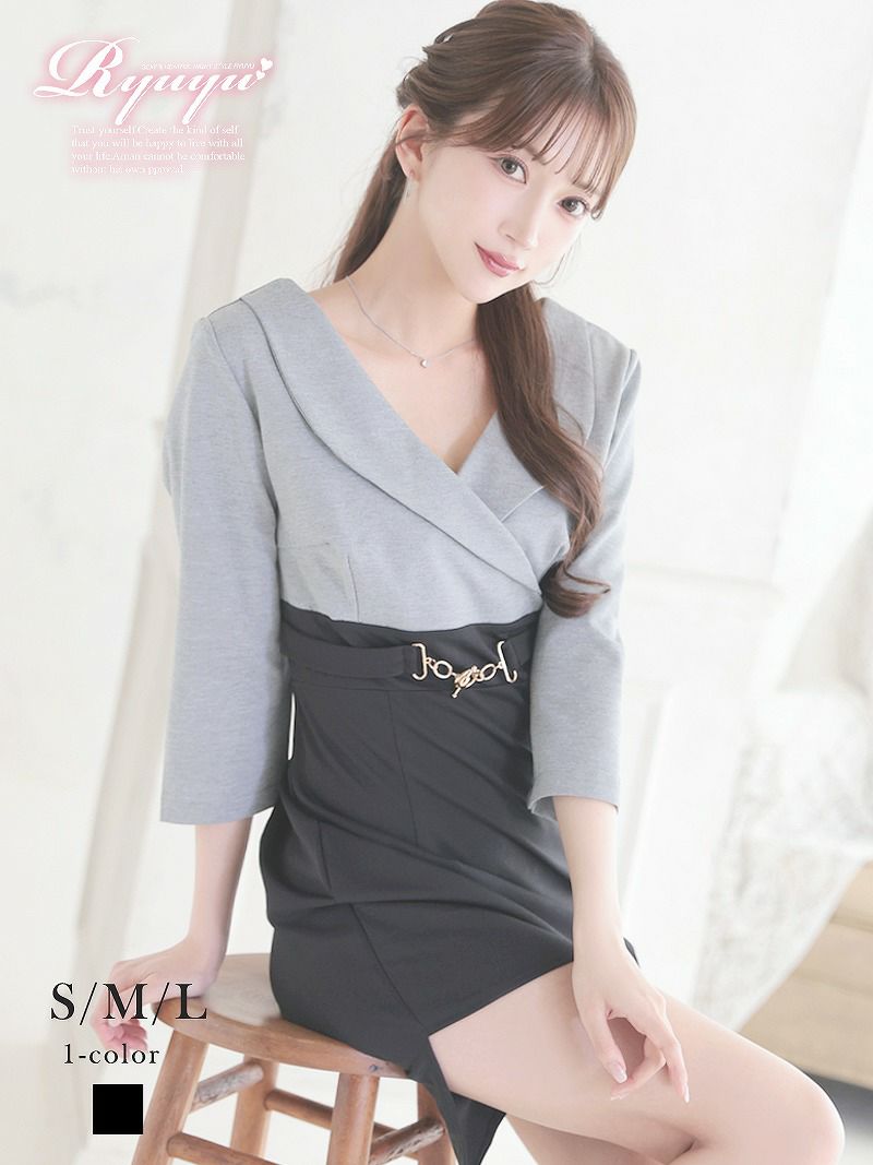 バイカラーデザイン袖付きタイトミニドレス【Ryuyu】